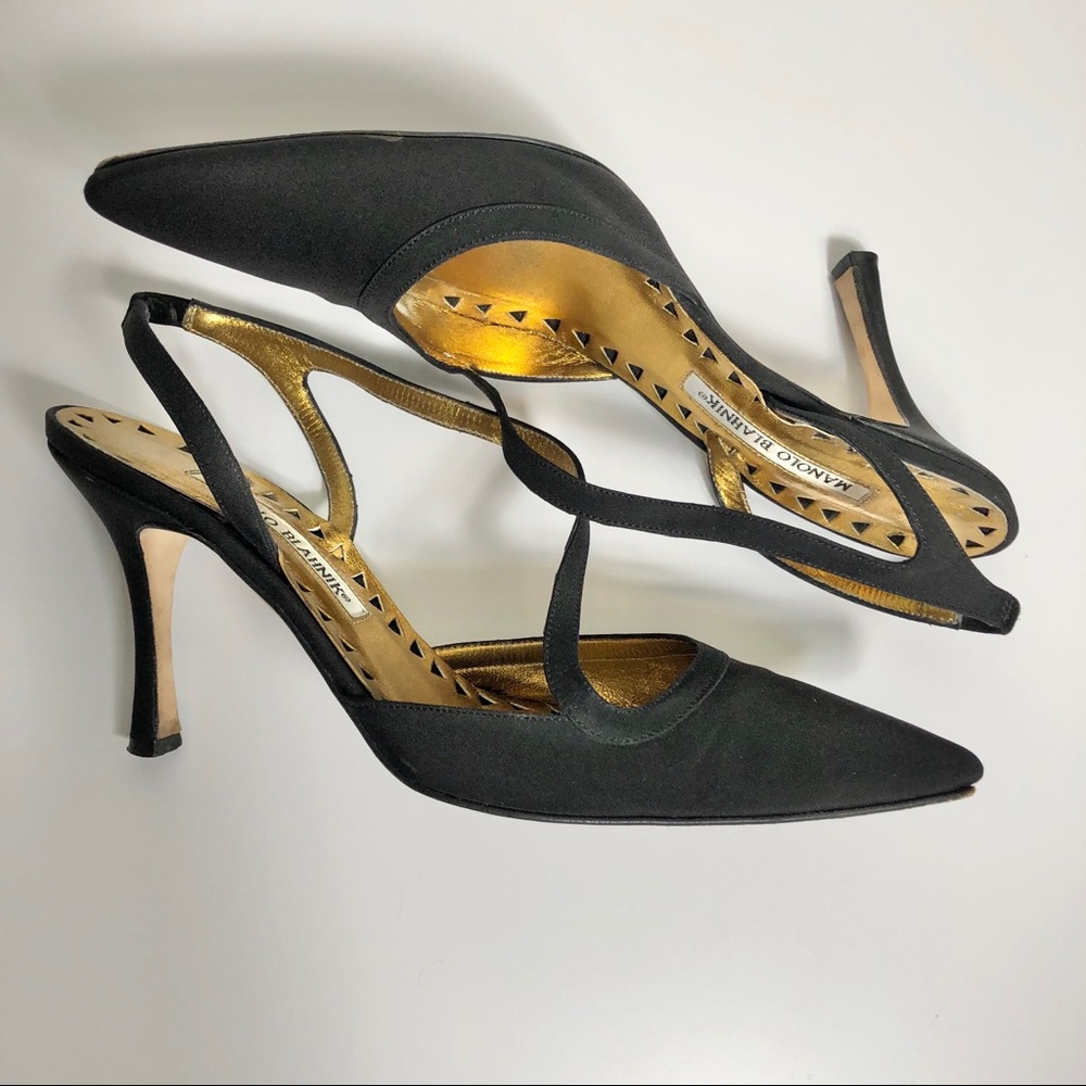 Manolo Blahnik Black Peau de Soie Slingback Heels